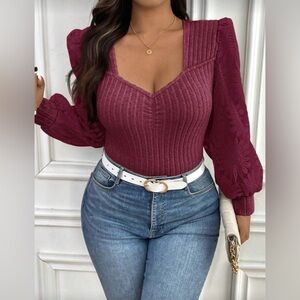 Burgundy Ribbed Long Sleeve Bodysuit